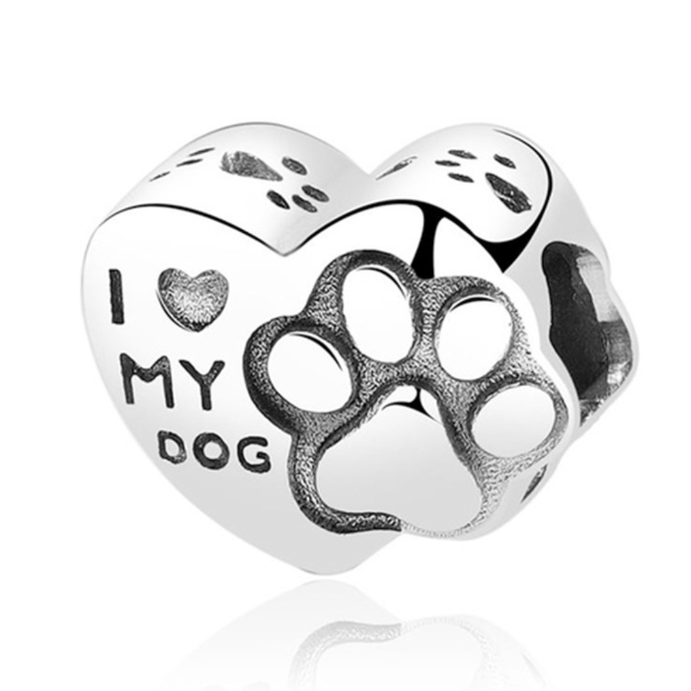 925 Sterling Silver Dog Paw Print Love Heart Charm